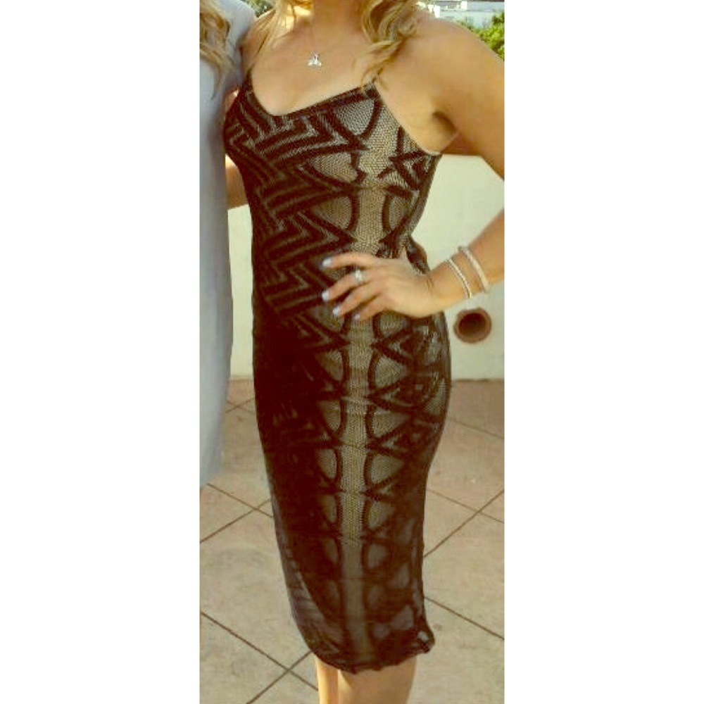Black and Tan Long cross stitch mesh dress